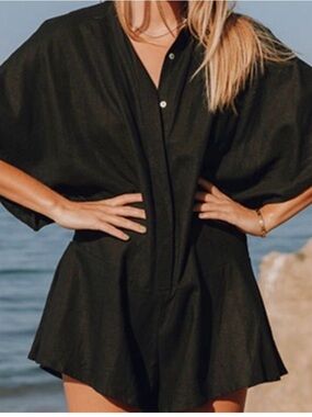 Daily Drills Black Linen Blend Oversized Short Sleeve Resort Romper Size XS/S